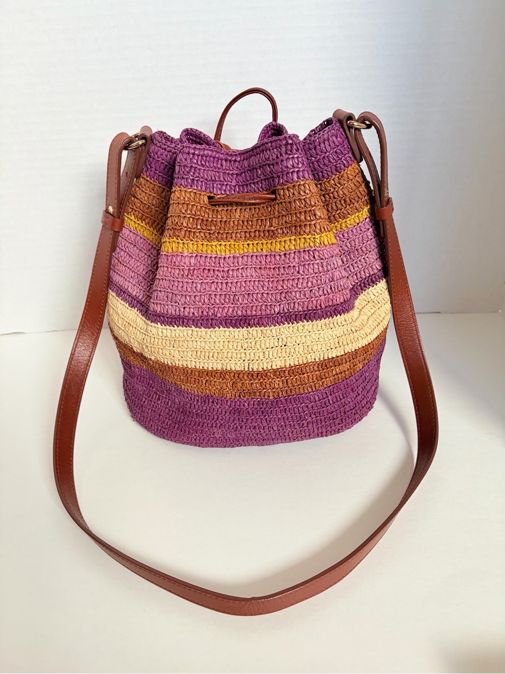 Sezane Farrow Bucket Bag Woven Shoulder Purse Raffia Leather Purple Violet Rare - Picture 5 of 14